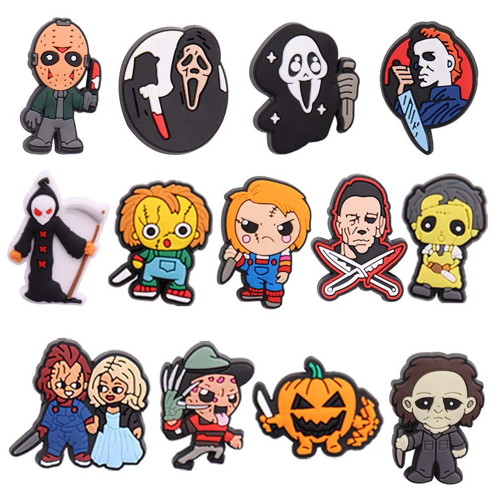 1-13 Pz Pvc Croc Jibz Fibbia Killer Scheletro Scythe Zombie Zucca Foro Scarpe Ornamenti Sandali Decorazione Fit Braccialetti