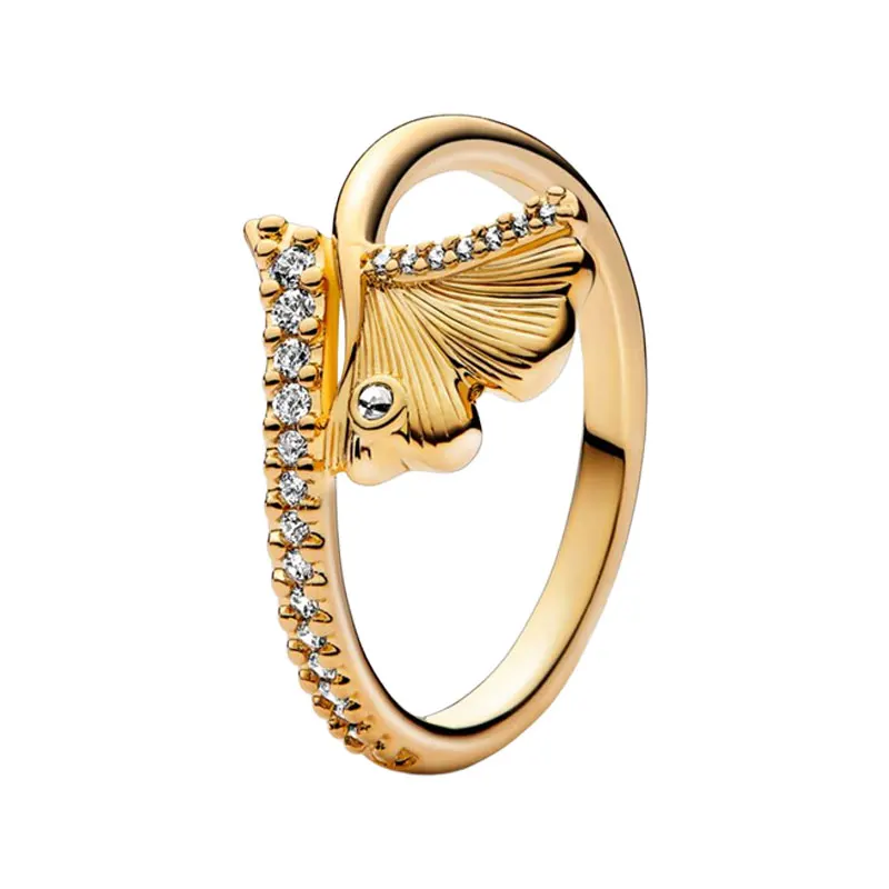 Gingko Leaf Wavy Stack Finger Rings For Women Fedi Nuziali Shine Gold Jewelry Brezel Pave Setting Clear Zircons Love Hope Peace