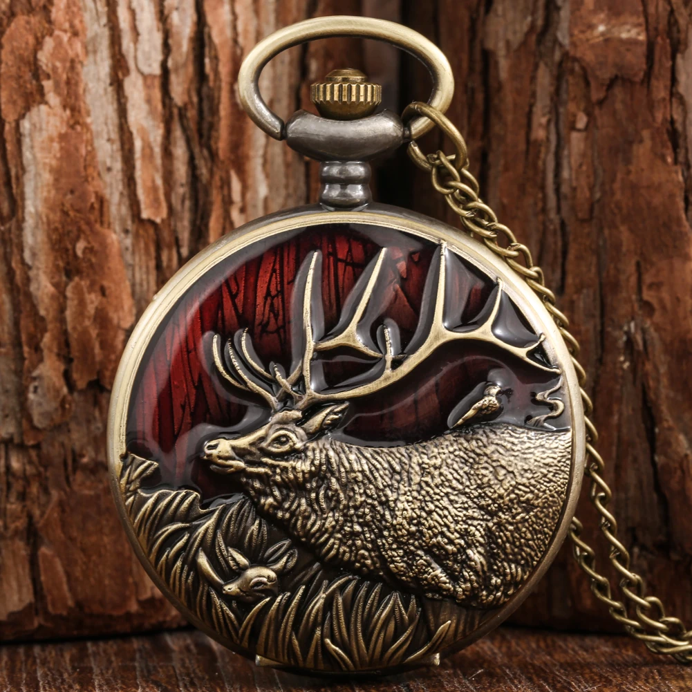 Unisex Retro Wild Elks Pocket Watch Quartz Bronze Necklace Fob Clock Deer Grass Pattern Watch Man Women Best Collectible Gift