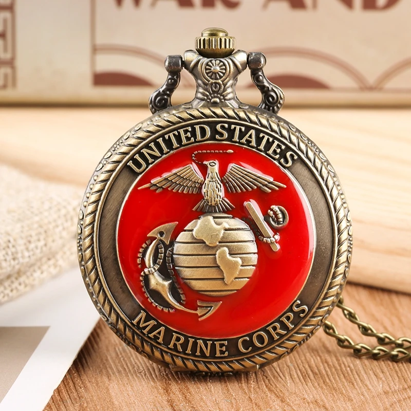 Eagle Red Vintage Bronze Stati Uniti Marine Quartz Collana Orologio Da Tasca Display Ciondolo Orologio Da Tasca Collezioni Regali