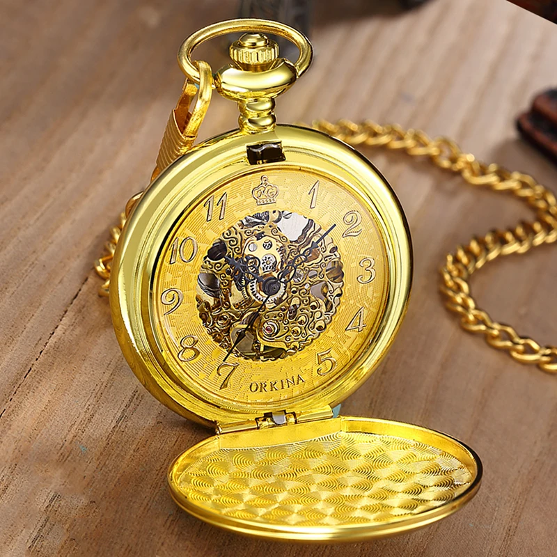 Orologio Da Tasca Meccanico Color Oro Di Lusso Per Uomo Donna Steampunk Skeleton Fob Chain Pendant Reloj Golden Roman Montre De Poche