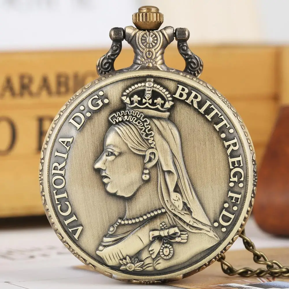 Retro Bronze Victoria Britt:Reg:F:D: Coin Orologio Da Tasca Al Quarzo Collana Vintage Catena Pendente Antico L'Artigianato Arte Da Collezione