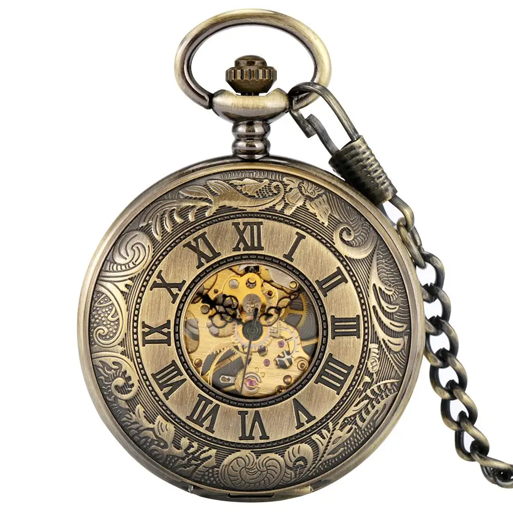 Vintage Bronze Hollow Double Sided Open Skeleton Orologio Da Tasca Meccanico Shield Design Back Case Art Collecties For Men Women