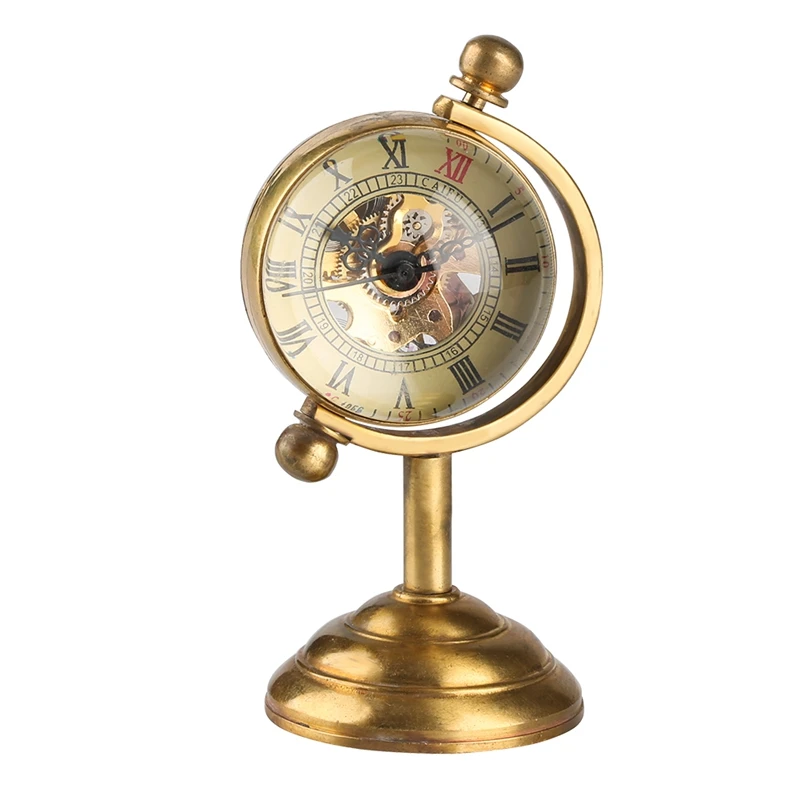 Retro Copper Spinning Globe Gold Desk Orologio Da Tasca Meccanico Movimento A Carica Manuale Home Office Decorazione Di Lusso Come Da Collezione