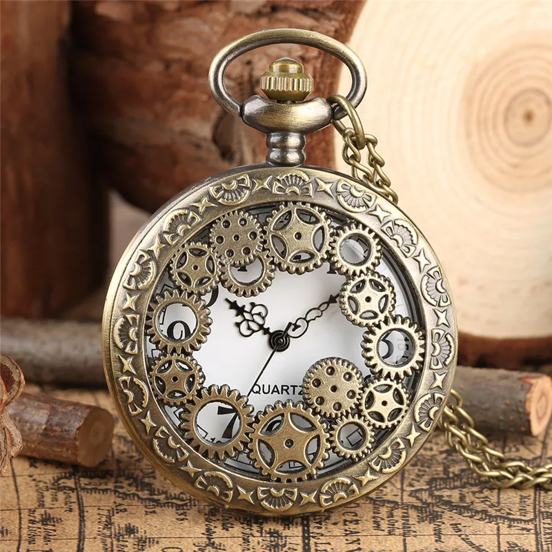 Old Fashion Pocket Watch Hollow Out Gear Wheel Cover Uomo Donna Orologi Analogici Al Quarzo Collana Catena Orologio Da Collezione