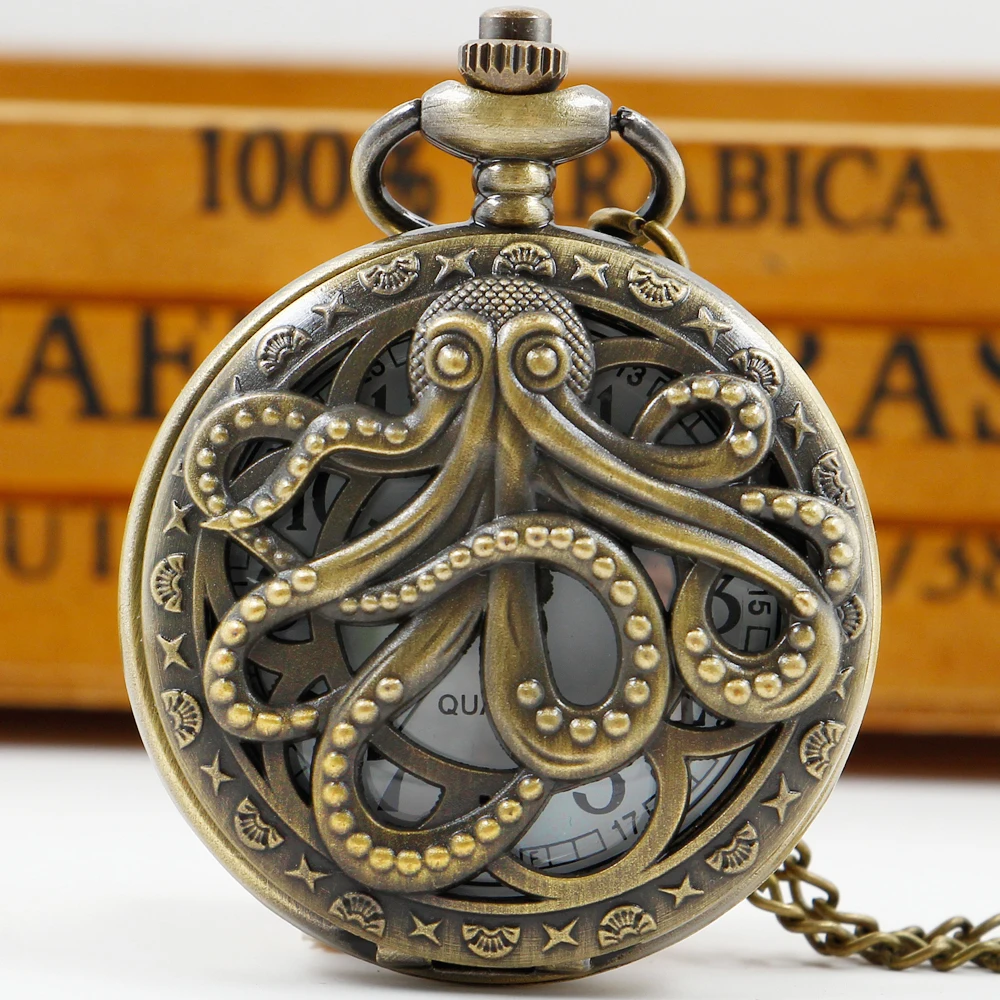 Flip Vintage Hollow Octopus Pocket Watch Steampunk Skeleton Collana Al Quarzo Unisex Orologio In Metallo Per Collezione Uomo Donna