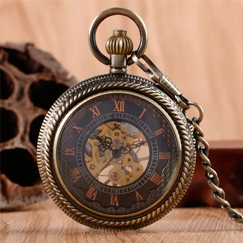 Steampunk Half Hunter Uomo Donna Handwinding Orologio Da Tasca Meccanico Intaglio Numero Romano Scheletro Ciondolo Catena Da Collezione