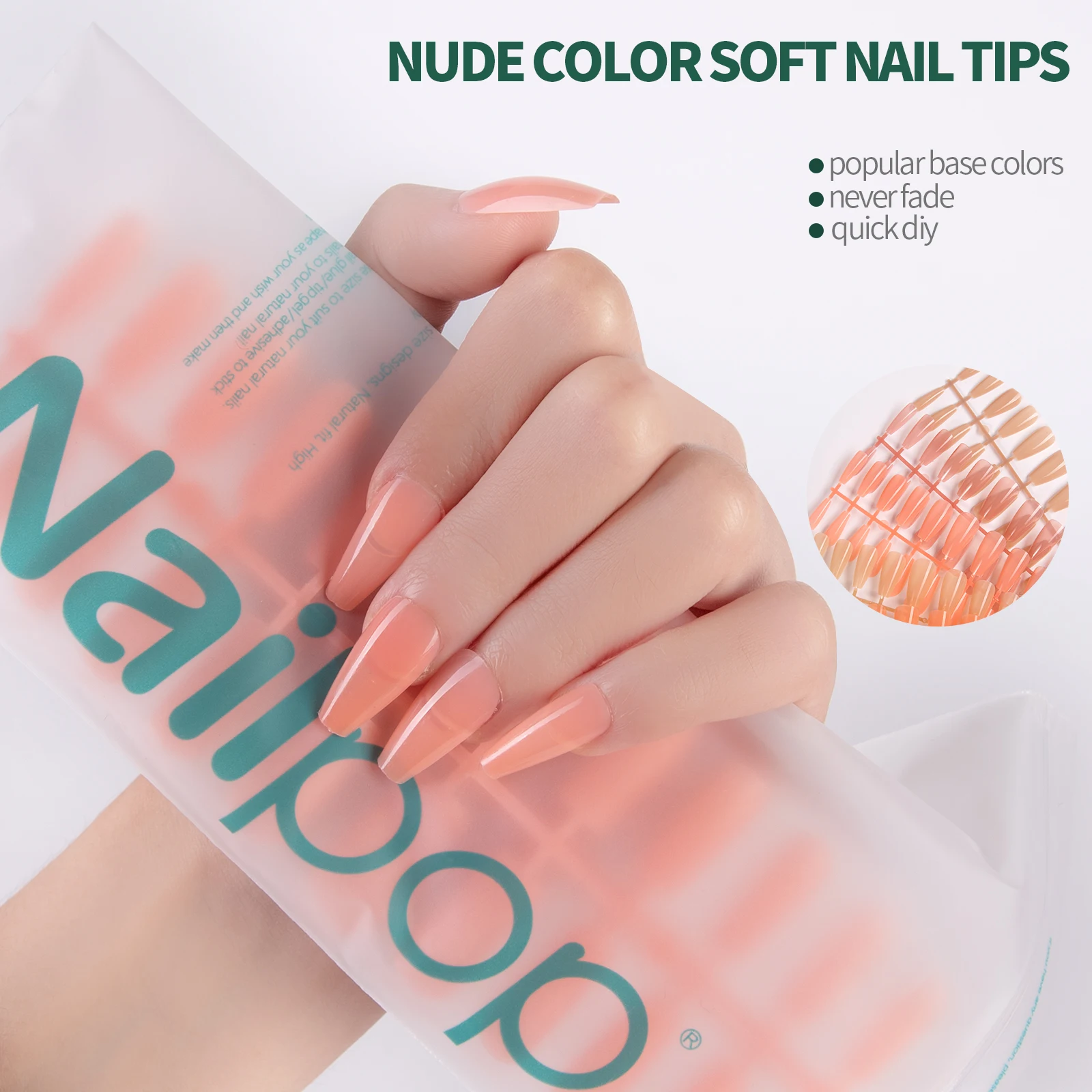 Nailpop Nude Color Acrilico Nails Tips Press On Coffin Almond Nail Extension Colorful Square Soft Gel Unghie Artificiali