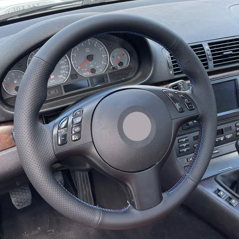 Coprivolante Per Auto Per Bmw M Sport M3 E46 M5 E39 Black - Red Blue Line Pelle In Microfibra Perforata Con Aghi E Fili