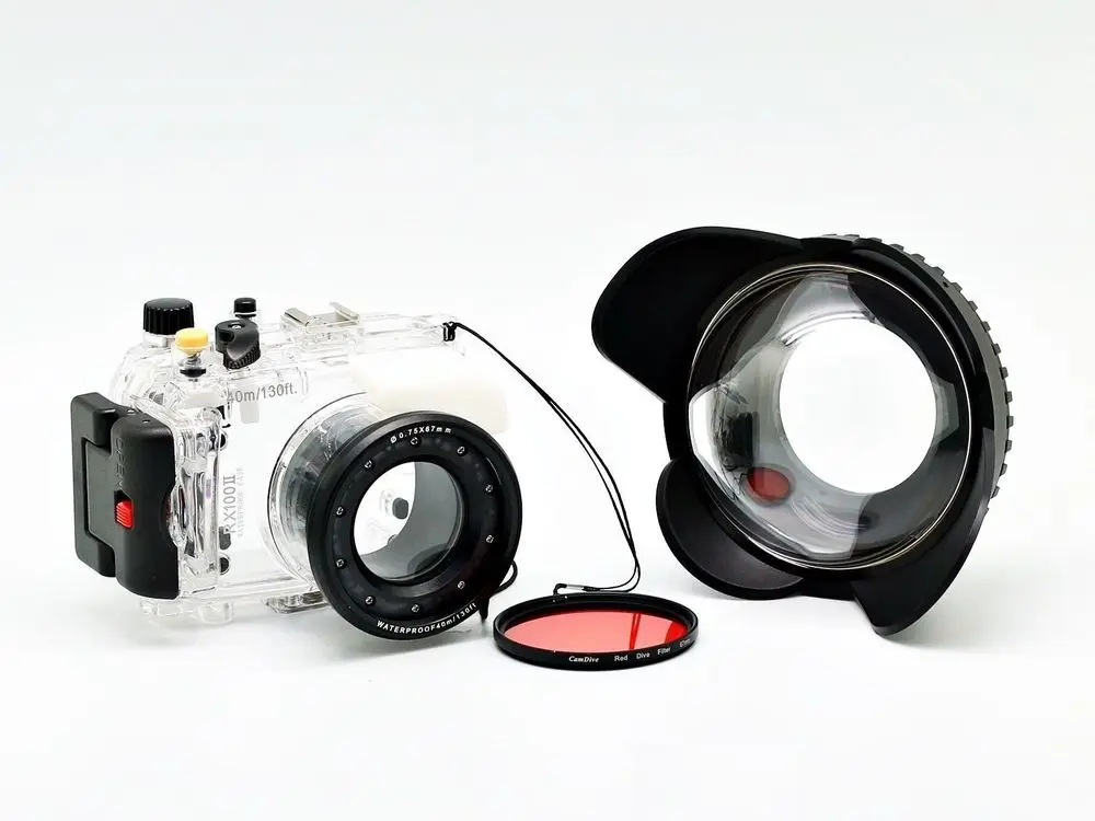 Per Sony Dsc-Rx100 Ii Rx100 Rx100 Ii, Mark Ii Subacquea Custodia Impermeabile + Fisheye Ampio Angolo Di 67 Millimetri Lens + Filtro Rosso