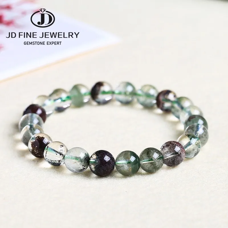 Jd Natural Green Phantom Quartz Ghost Crackle Beaded Bracciali Donna Crystal Clear Round Beads Stretch Healing Bangles Jewelry
