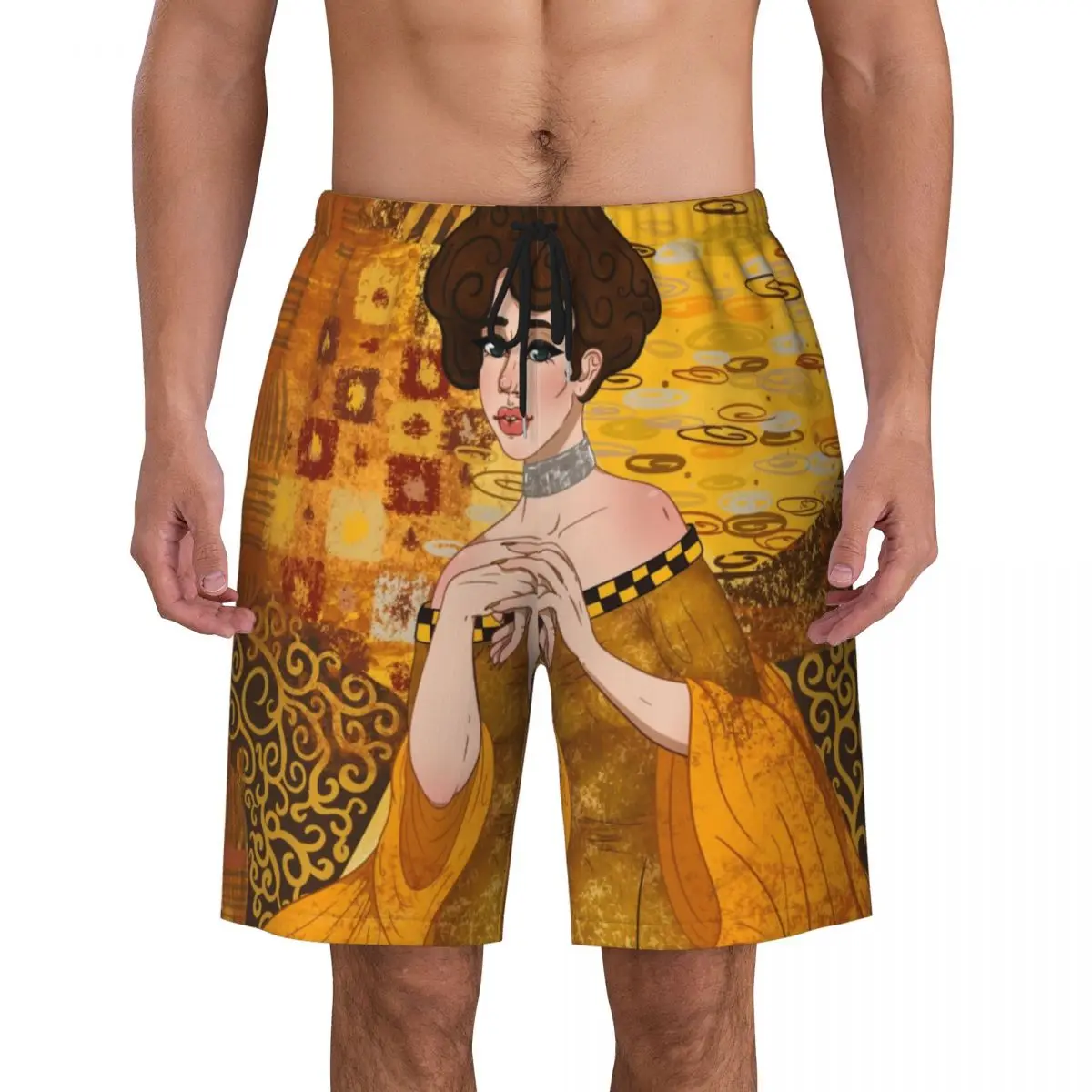 Gustav Klimt Style Portrait Board Shorts Mens Cool Beach Shorts Slip Simbolismo Art Quick Dry Costume Da Bagno