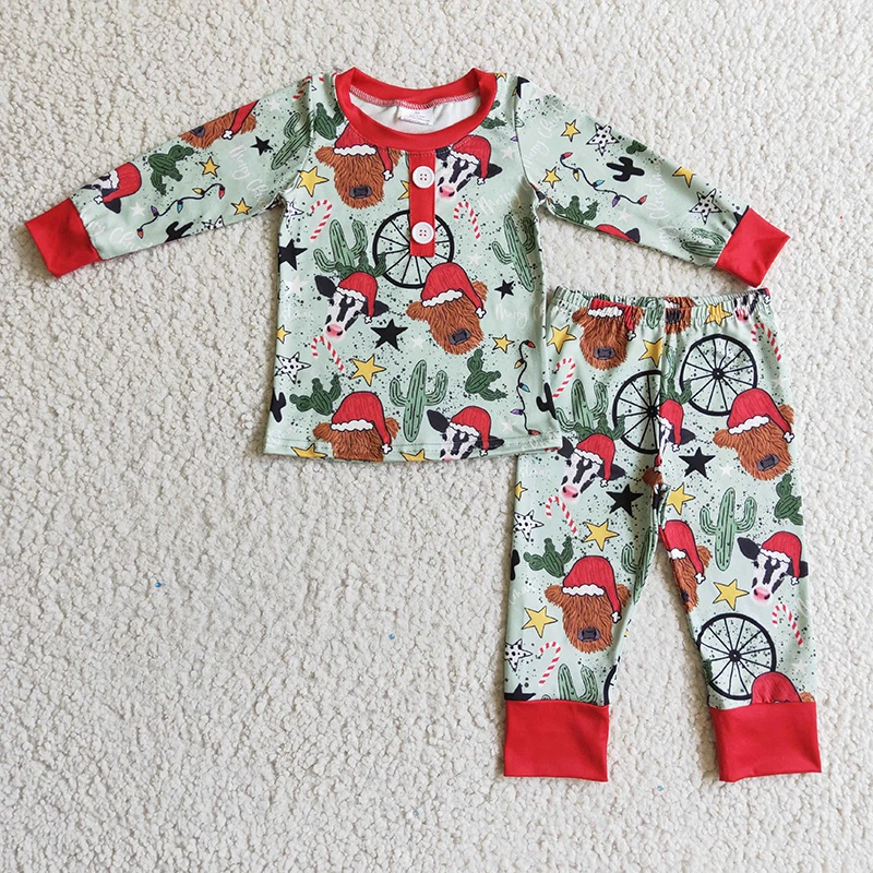 Baby Boy Christmas Western Cow Cactus Outfit Toddler Sleepwear Kids Manica Lunga Patchwork Shirt Set Pantaloni Bambini Nuovo Pigiama