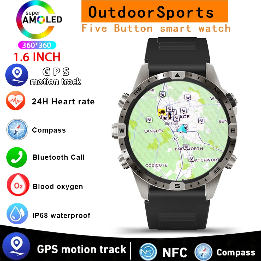Outdoor Compass Smart Watch Men Gps Tracker 5 Tasti 1.6 Pollici Amoled 360*360 Hd Screen Bluetooth Call Smartwatch Per Android Ios