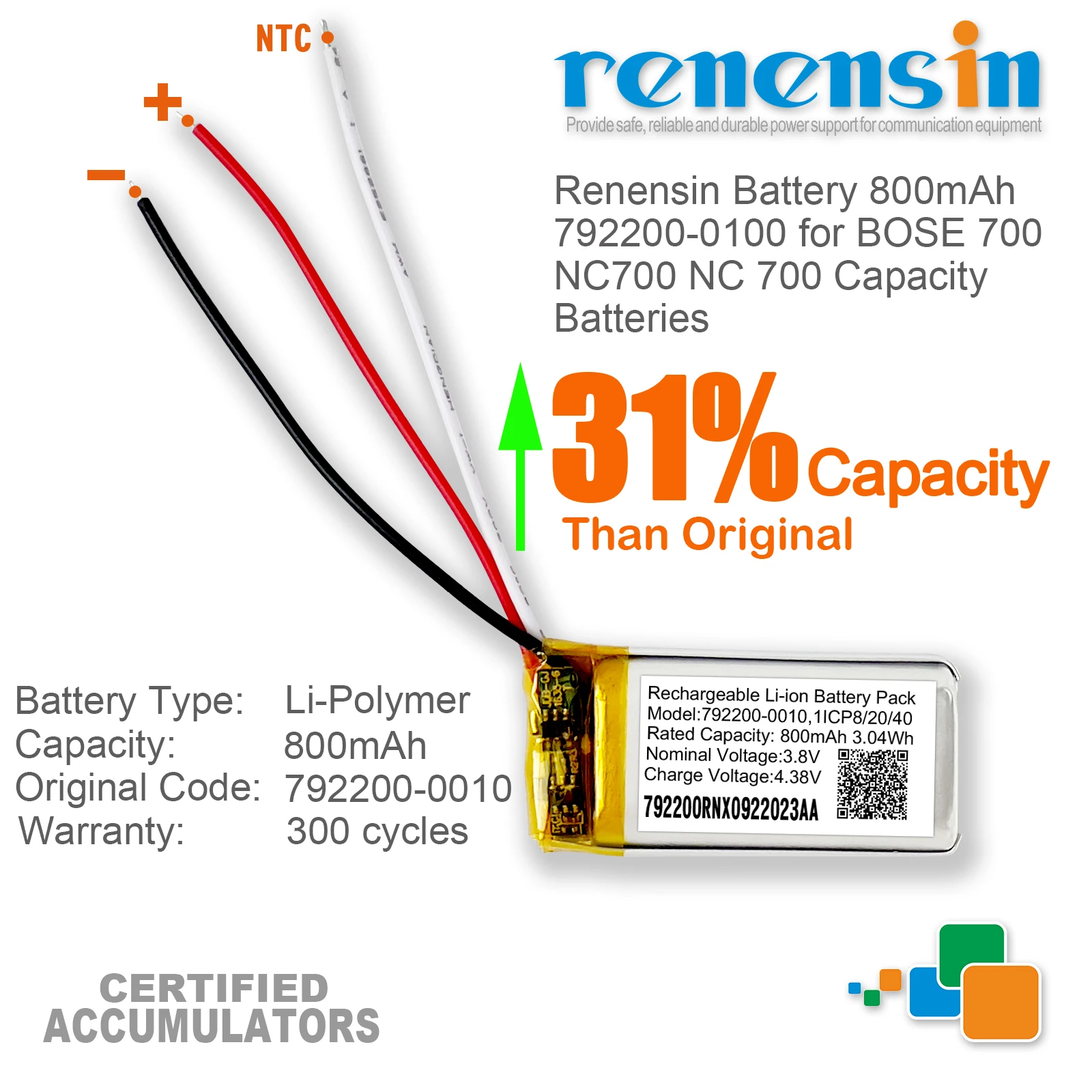 Renensin Batteria Ad Alta Capacità 3.8V 800Mah 792200-0100 Per Bose 700 Nc700 Nc 700 Cuffie Capacità Batteria Batterie