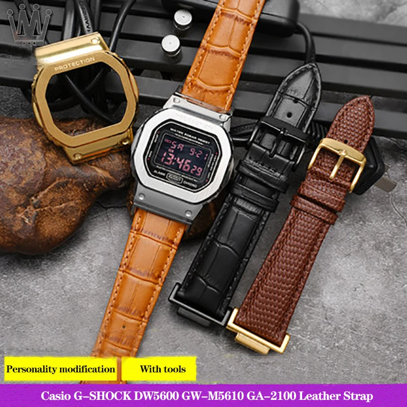 Adattatore Casio G-Shock Orologio Square Dw5600 Gw-M5610 Cinturino In Vera Pelle Modificata Cinturino Di Alta Qualità 16Mm Nero Marrone