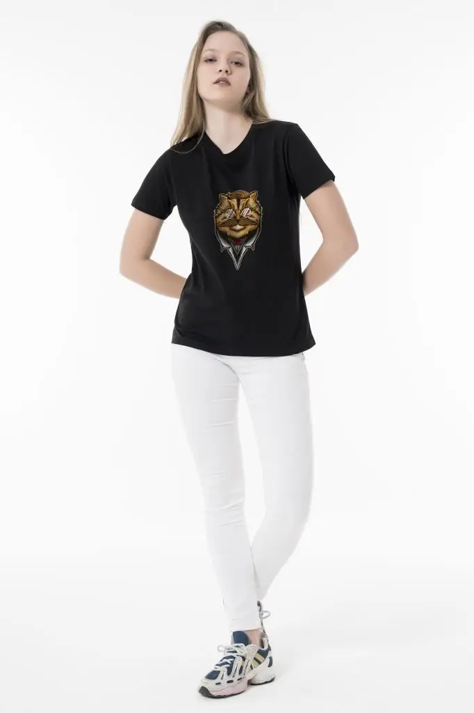 Casanova Cat Chest Printed Women Black Slim Fit Regular T-Shirt