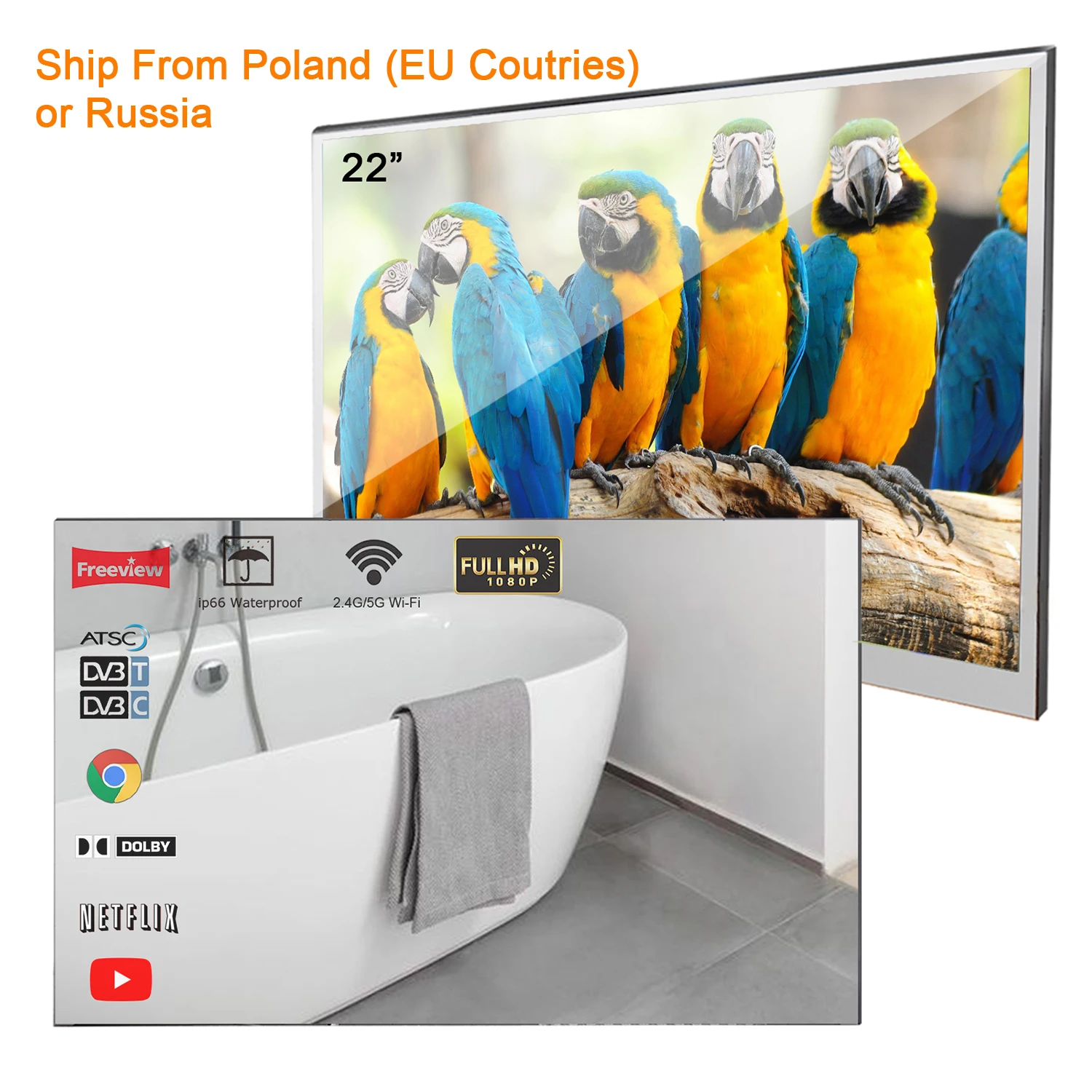 Souria 22 Pollici Smart Mirror Led Bagno Tv Ip66 Doccia Impermeabile Wifi Integrato Dvb Atsc Sintonizzatore Televisione Magazzino In Europa