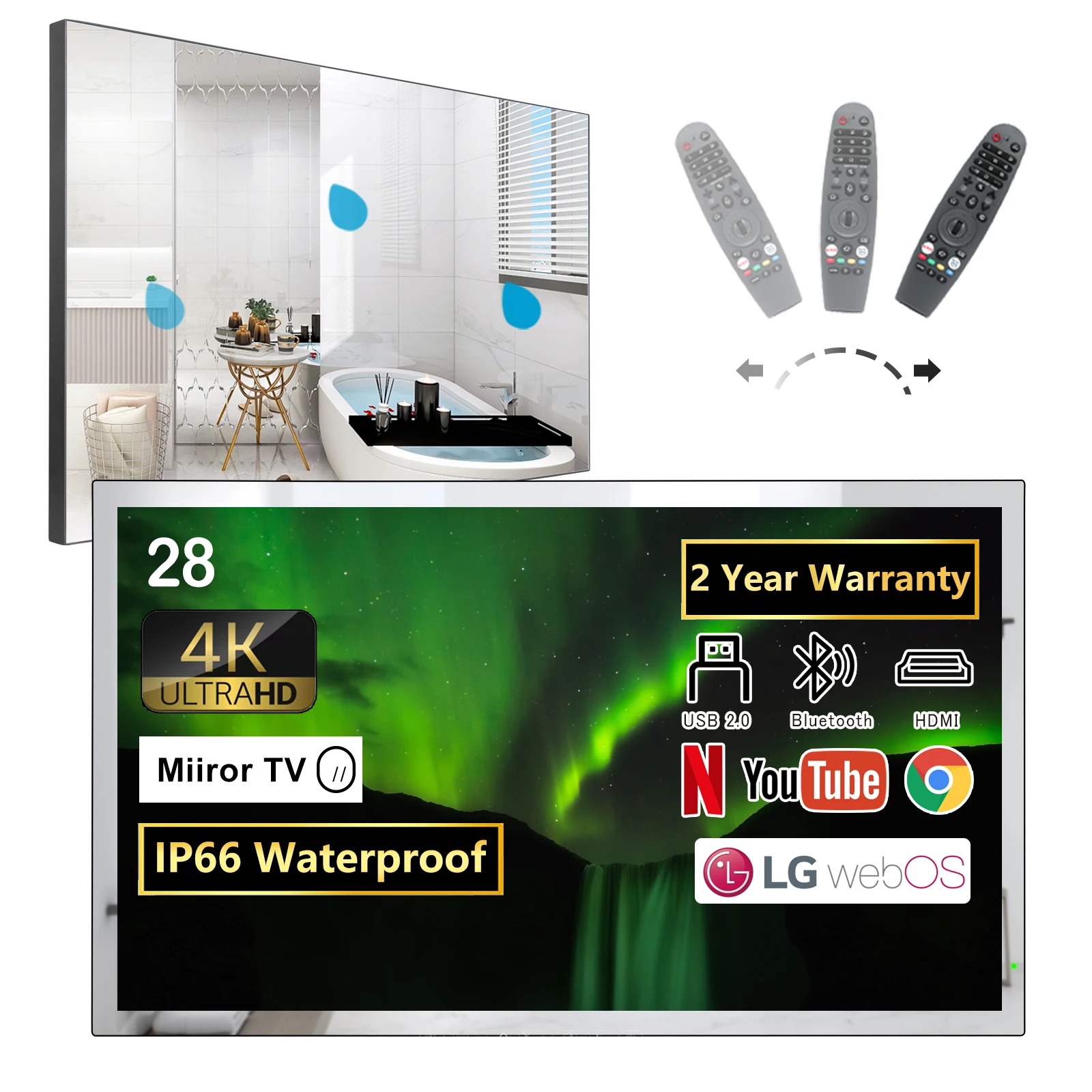 Soulaca 28 Pollici 4K Specchio Bagno Tv Webos Televisione Wifi Bluetooth Integrato Alexa Smart Tv Controllo Vocale Sintonizzatore Atsc