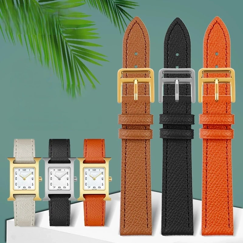 Per Hermes H Cinturino In Vera Pelle Serie Ora Quadrante Quadrato Sottile Arancione Comodo Cinturino Per Orologio In Pelle Bovina Morbida 14Mm 16Mm 18