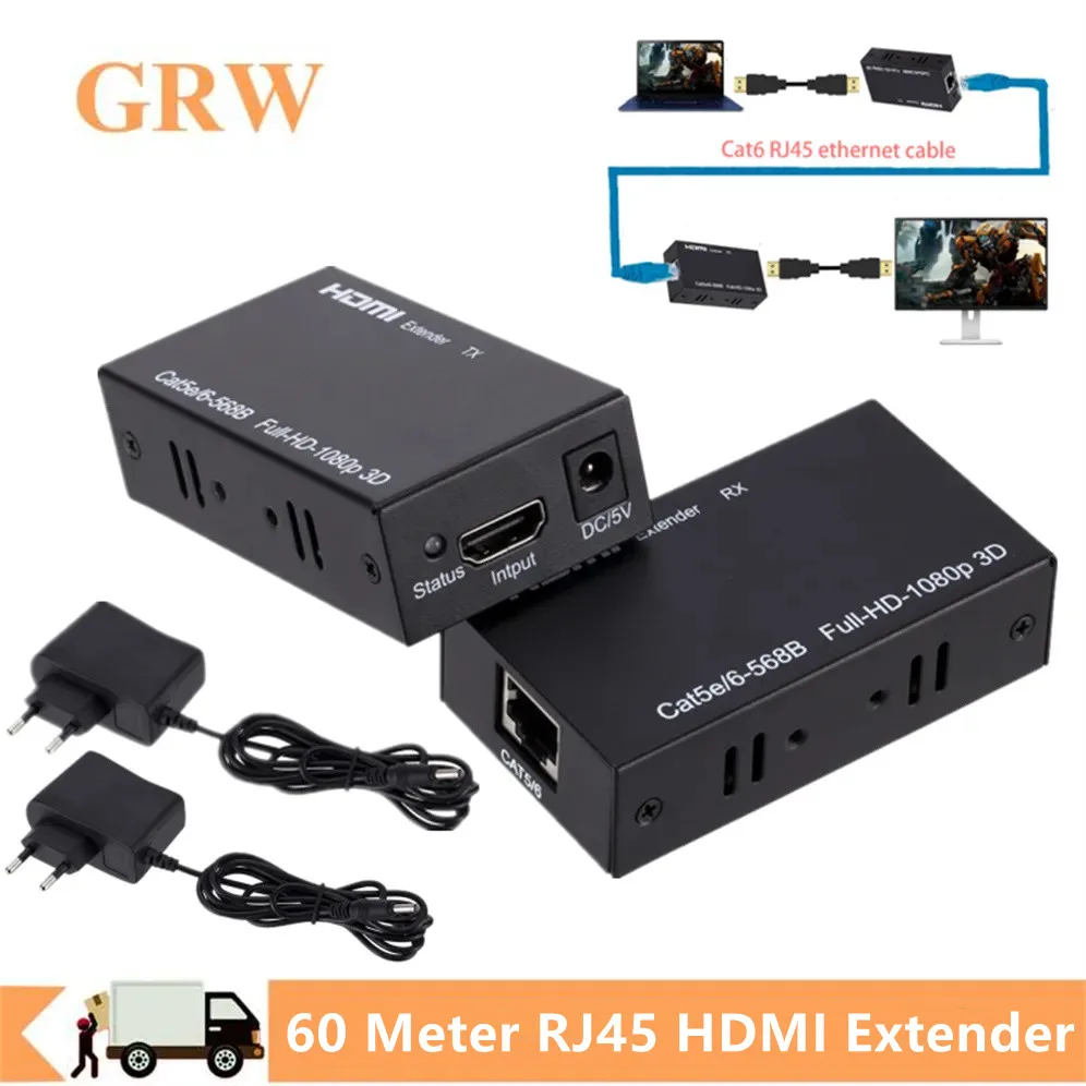 Grwibeou 60M Extender Rj45 Hdmi Extender 1080P Hdmi Network Extender Di Cat5E Cat6 Lan Extensor Per Ps4 Apple Tv Pc Laptop Hdtv