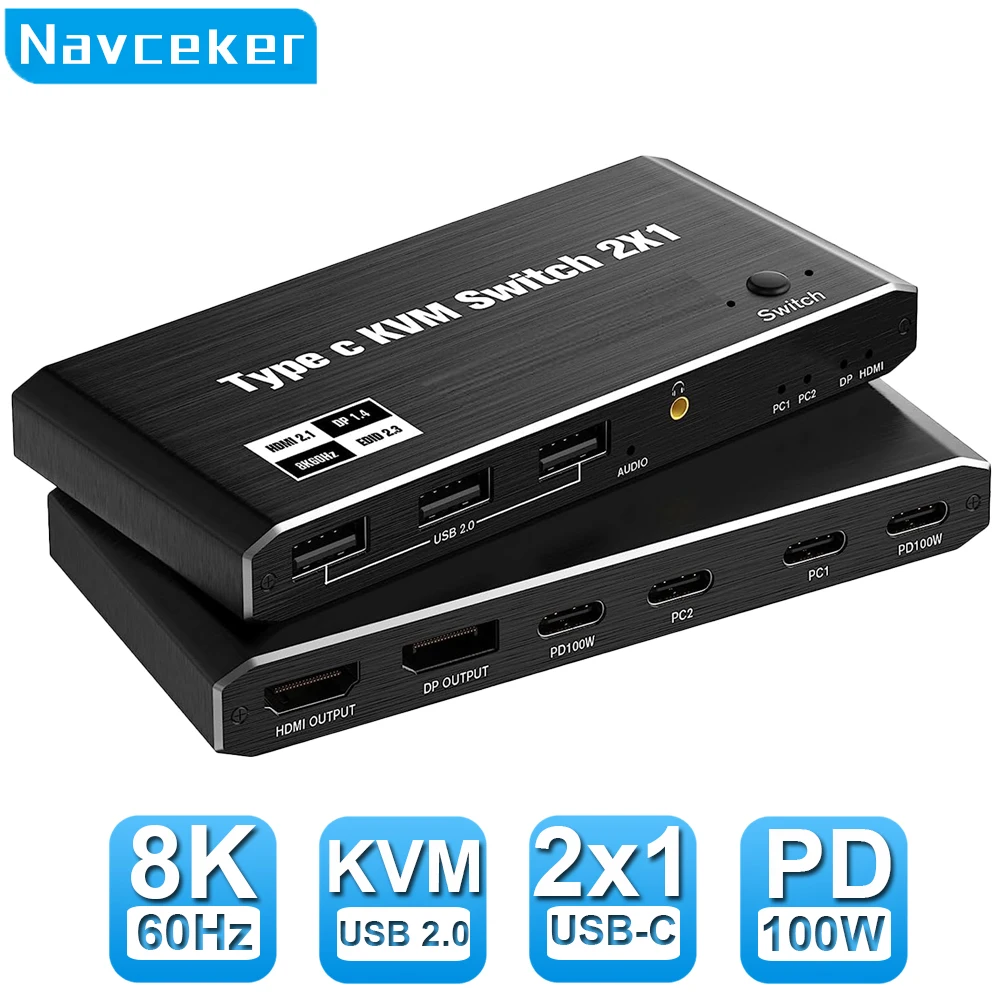 Navceker 2X1 8K Thunderbolt 4 Usb C Kvm Switch 100W Pd Charge 4K 144Hz Tipo C Kvm Switch Switcher Per 2 Laptop Macbook 1 Monitor