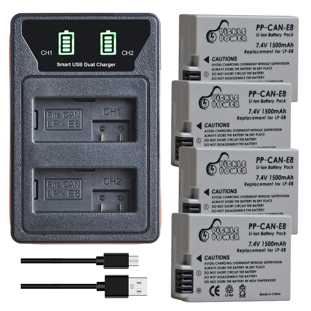 Pickle Power Lp-E8 Lpe8 Batteria + Led Usb Dual Charger Per Canon Eos 550D 600D 650D 700D X4 X5 X6I X7I T2I T3I T4I T5I
