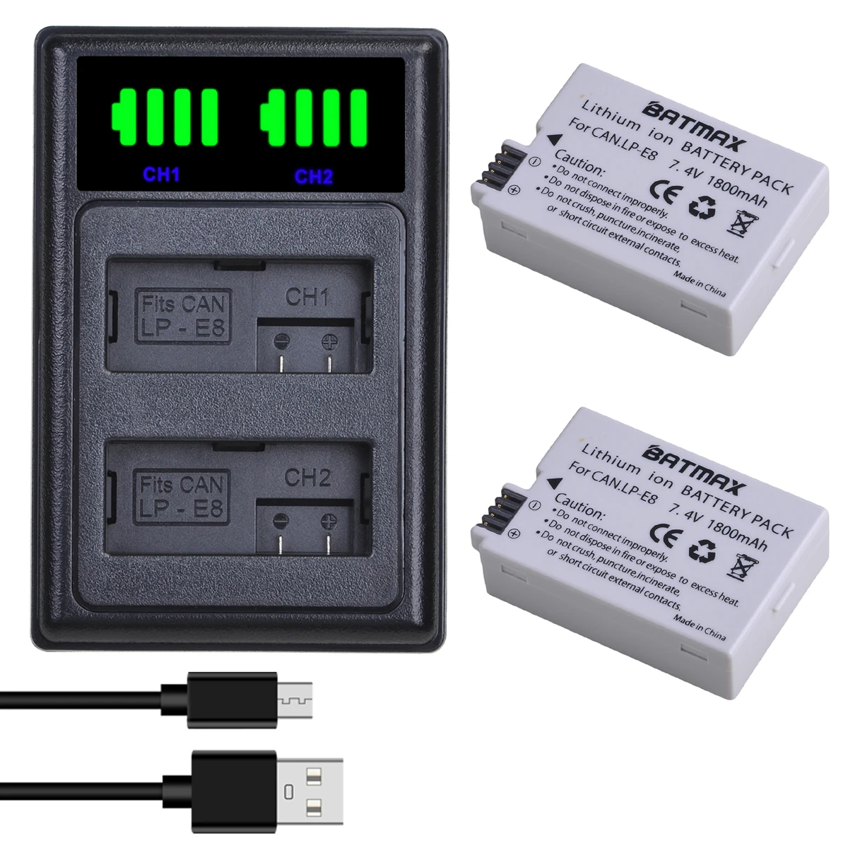 Batmax 1800Mah Lp-E8 Lpe8 Batteria + Led Usb Dual Charger Per Canon Eos Rebel T2I,T3I,T4I,T5I,Eos 550D,600D,650D,700D,Kiss X4,X5,X6