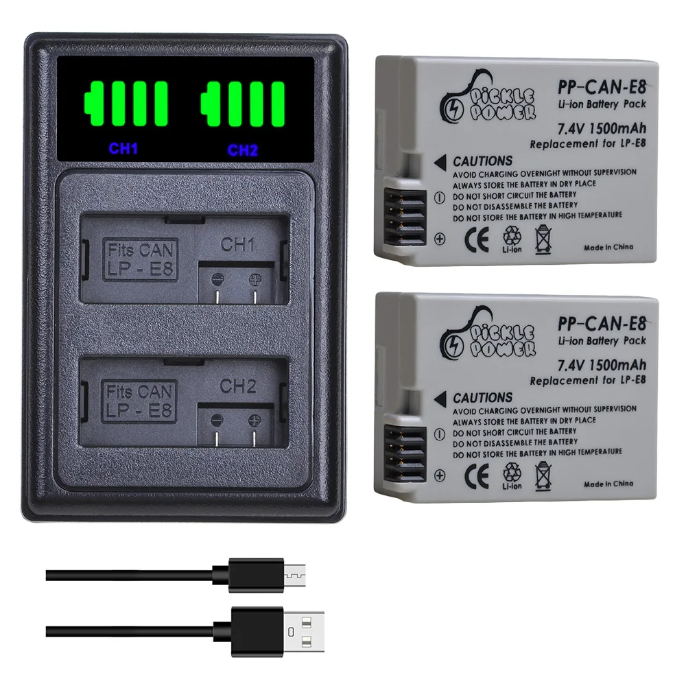 Pickle Power Lp-E8 Lpe8 Batteria + Led Usb Dual Charger Per Canon Eos 550D 600D 650D 700D X4 X5 X6I X7I T2I T3I T5I