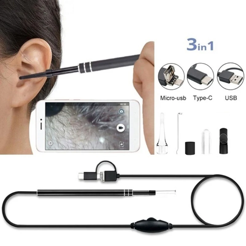 3 In1 Usb Ear Endoscopio 480P Otoscopio Digital Earpick Mini Cam Endoscopio Ear Camara Visual Ear Spoon Per Android Type C Phone