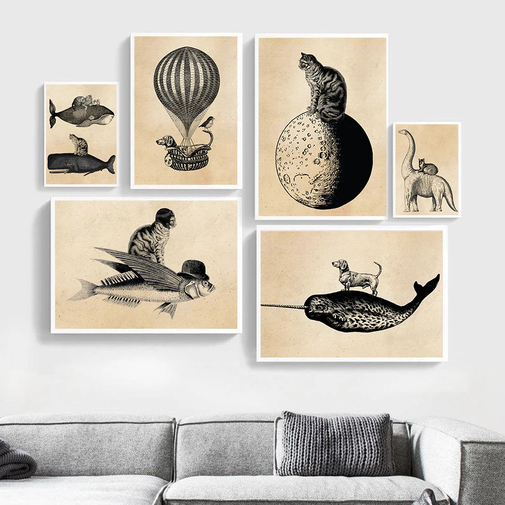 Vintage Animal Collage Poster Cat Whale Tiger Dog Leopard Sheep Canvas Painting Lexicon Immagini A Parete Per Soggiorno Home Decor