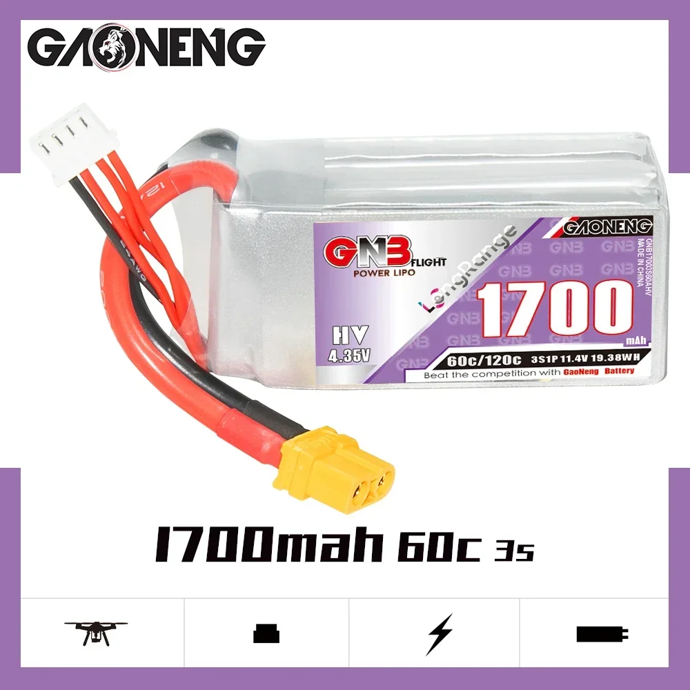 Gaoneng Gnb 3S1P 1700Mah 11.4V 60C Light Weigt Long Flight Hv Lipo Batteria Xt30 Spina Per Rc Fpv Racing Drone Uav Soccer Rc Parts