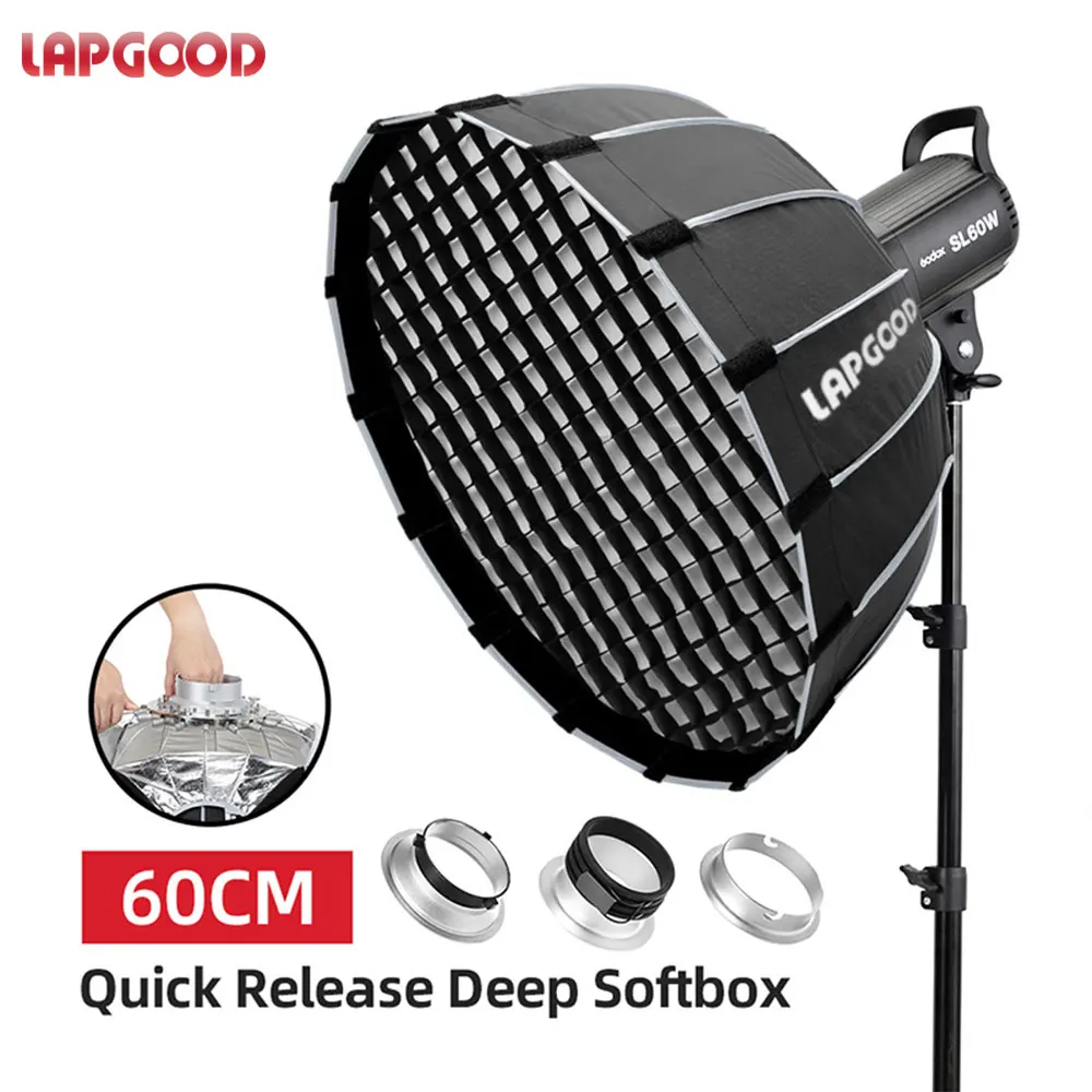 Lapgood Portable P60 60Cm Installazione Rapida Softbox Parabolico Profondo + Griglia A Nido D'Ape Per Bokens Profoto Elinchrom Flash