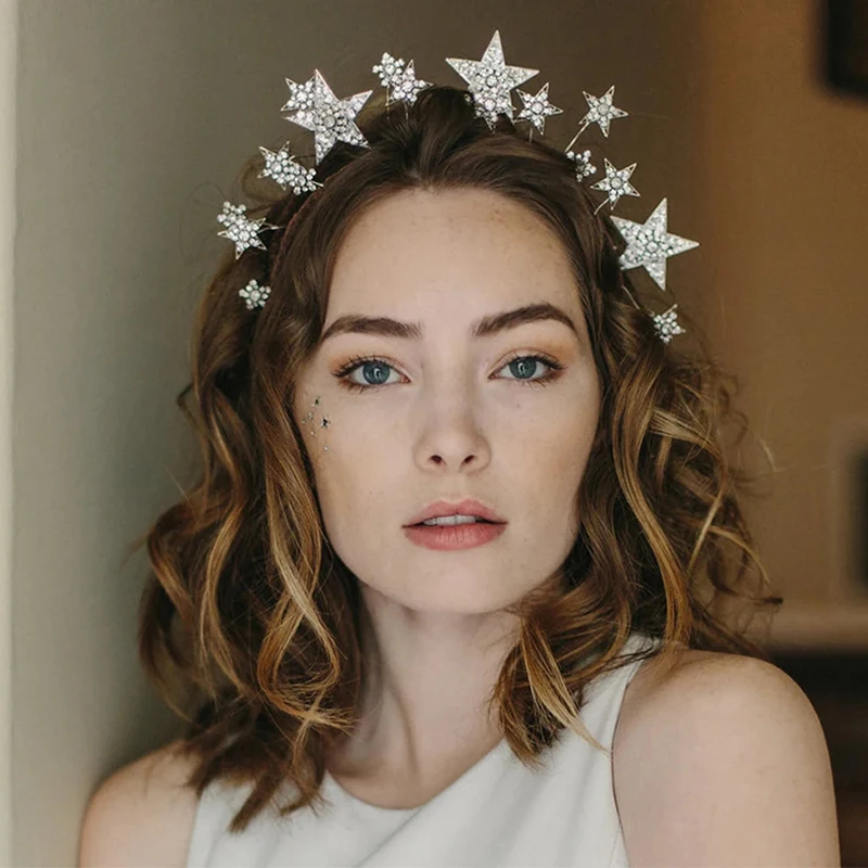 Kmvexo Trendy Silver Color Diaras Crowns Stars Princess Queen Diadem Sposa Accessori Per Capelli Da Sposa Strass Hairbands Jewelry
