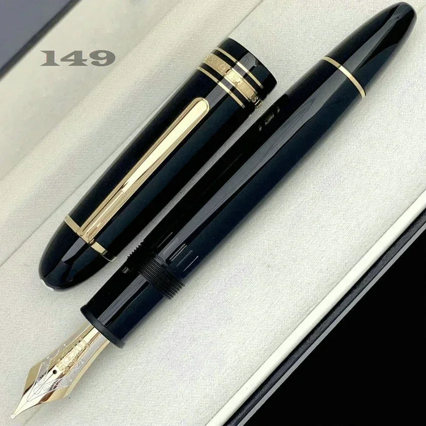 Penna Stilografica Di Lusso Di Alta Qualità Meisterstitted Da 149 Mb 18K F Nib Resina Nera Placcatura In Oro Calligrafia Piuma Caneta Liscia