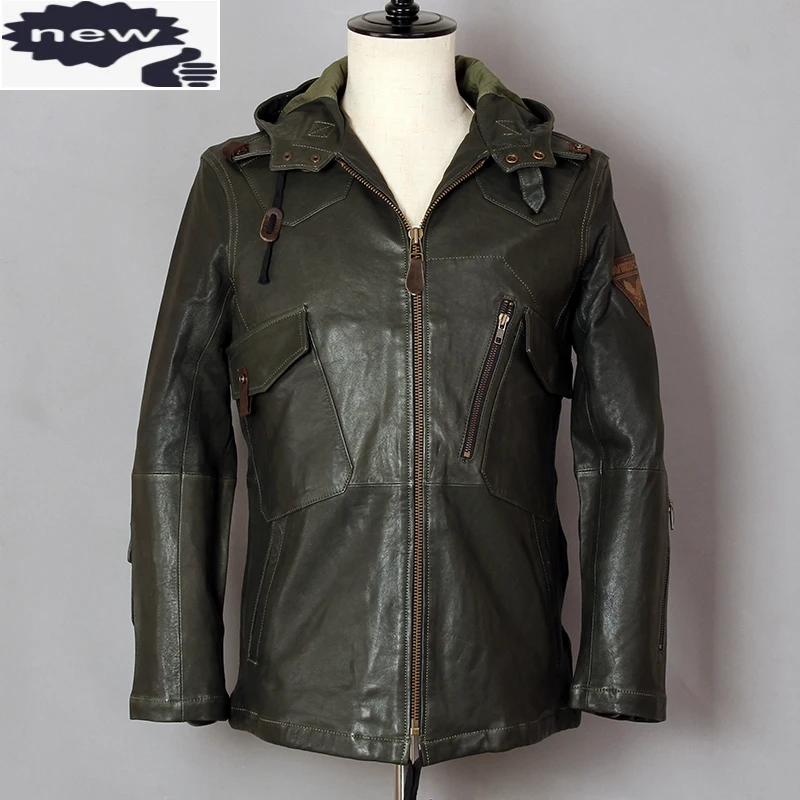 Avirex Fly Fashion Con Cappuccio In Vera Pelle Da Uomo In Pelle Di Montone Verde Flight Pilot Jacket Giacca A Vento Slim Casual Coat