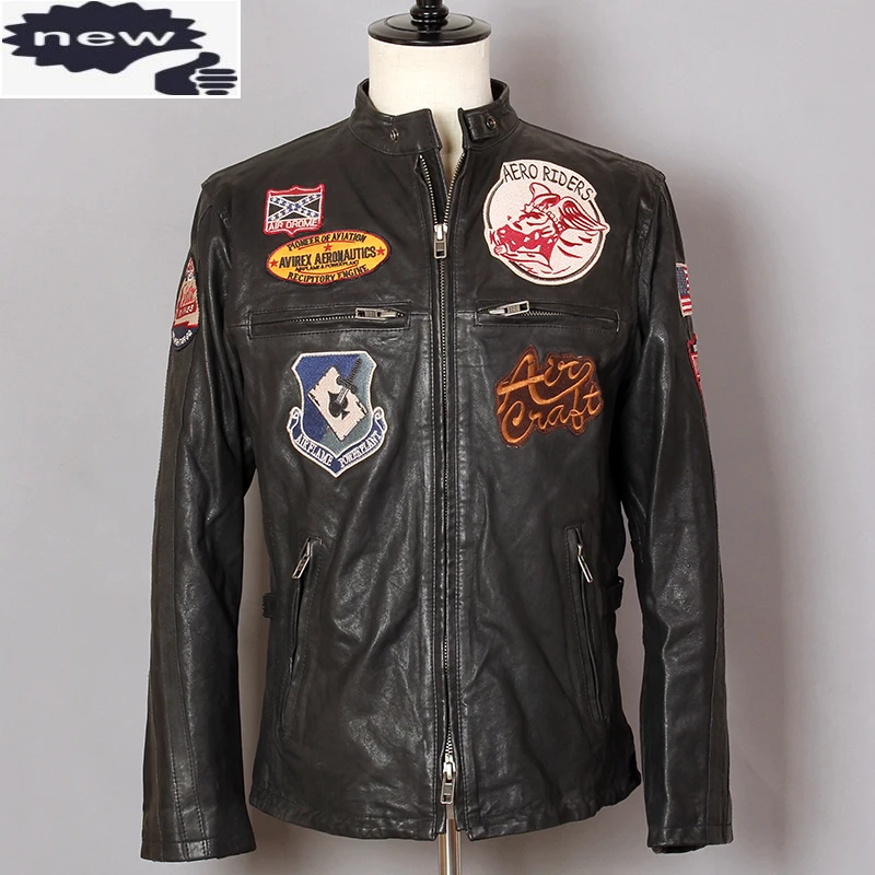 Avirex Fly Air Force Badge Flight Men Black Sheepskin Stand Collar Giacca In Vera Pelle Mens Mortorcycle Biker Coat