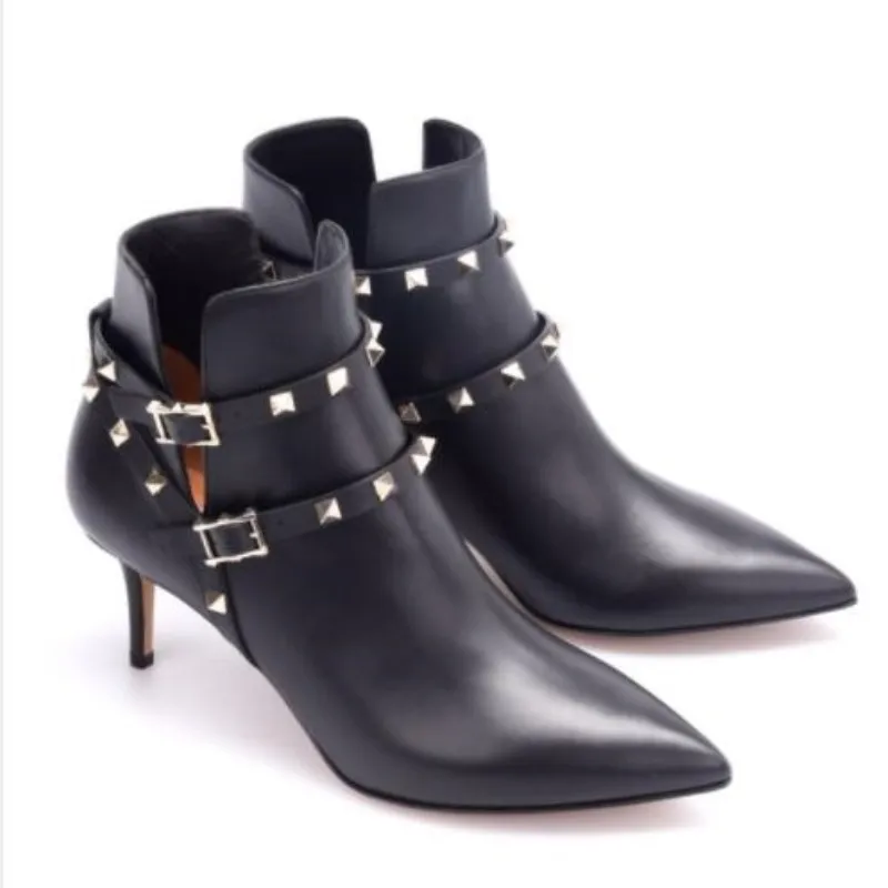 Shofoo Scarpe, Bello E Alla Moda Della Signora Stivali, Tessuto In Pelle, Rivetti Decorativi, 11 Centimetri Stivali Tacco Alto, Scarpe A Punta Stivali