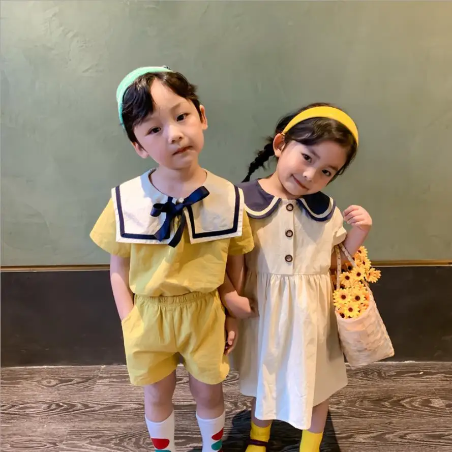 Summer Korean Brother Nad Sister Clothes Kids Cotton Linen Sailor Collar Fashion Sets Girl Dress 1-10 Anni Wz160