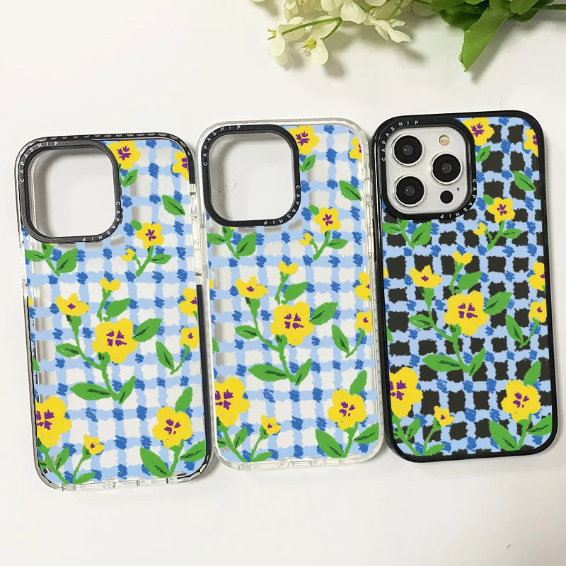Custodia Ins Grid Yellow Flower Per Iphone 11 14 15 Pro Max Silicone Addensato Soft Funda 12 13 Pro 7 Plus X Xr Xs Cover Anti-Caduta