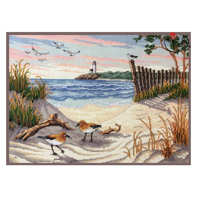 Amishop Gold Collection Conted Cross Stitch Kit Beauty Of The Beach Sea Mew Bird Lighthouse Dim 13634 Ricamo