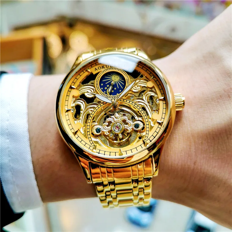 Aokulasic Watch Men Skeleton Watches Luxury Gold Automatic Mechanical Orologi Da Polso Men Moon Phase Orologio Uomo Reloj Hombre