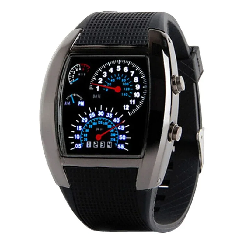 Nuovo Design Casual Led Orologi Cool Car Meter Dial Unisex Black Flash Dot Matrix Orologio Da Corsa Orologio Sportivo Orologio Caldo Uomo