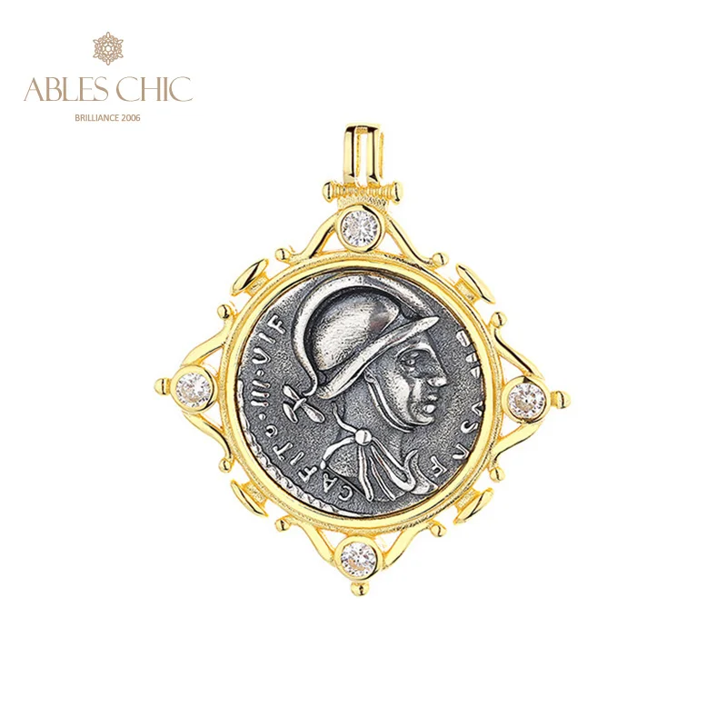 Mars God Of War Monete D'Argento Greche Charm Cz Accent Oro 18 Carati Bicolore Massiccio 925 Argento Ciondolo Moneta Romana Solo N1028