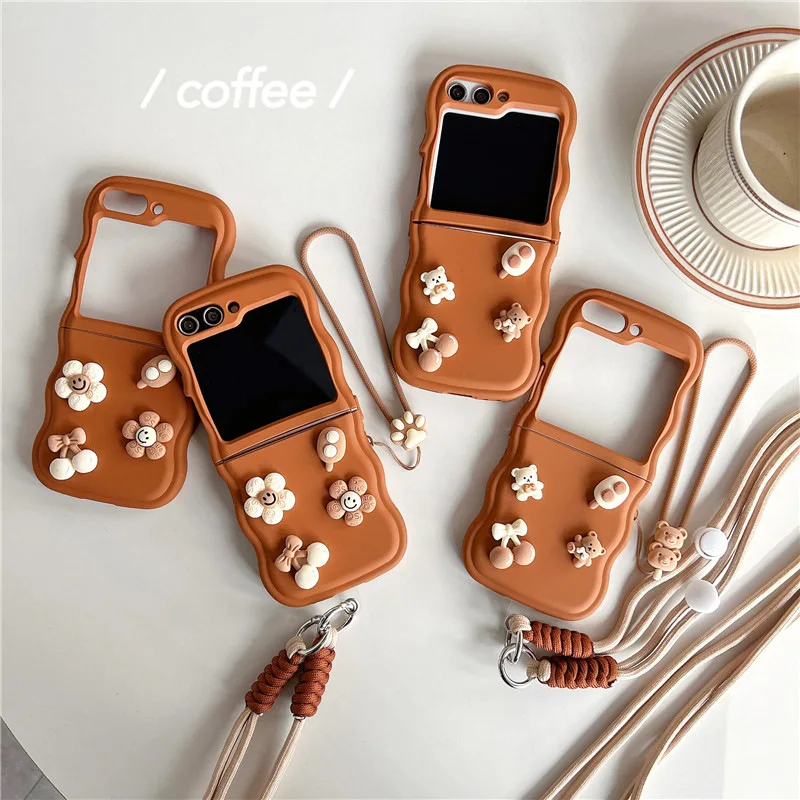 Custodia Per Telefono 3D Cartoon Flower Teddy Bear Per Samsung Galaxy Zflip 5 4 3 Cover Posteriore Protettiva Per Custodia Zflip3 Zflip4 Zflip5