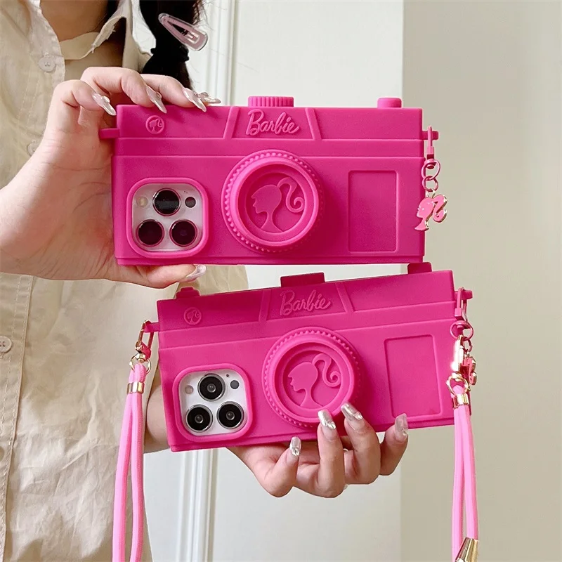 Ins Cute Barbie Holder Custodia In Silicone Per Iphone 15 14 13 12 11 Pro Max Kawai Camera Lanyard Design Antiurto Back Over