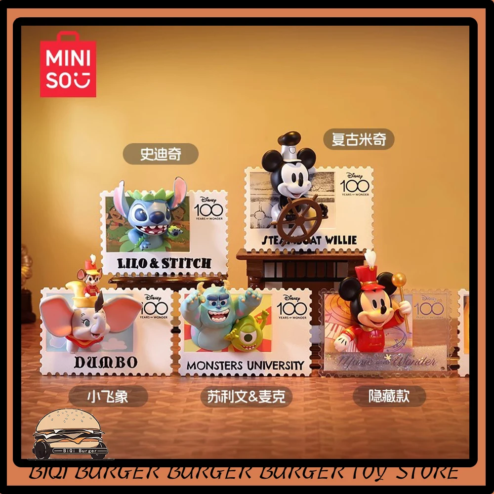 Originale Miniso Disney 100Th Anniversary Retro Stamp Blind Box Mickey Mouse Stitch The Pooh Frigorifero Stickerl Statue Gifts