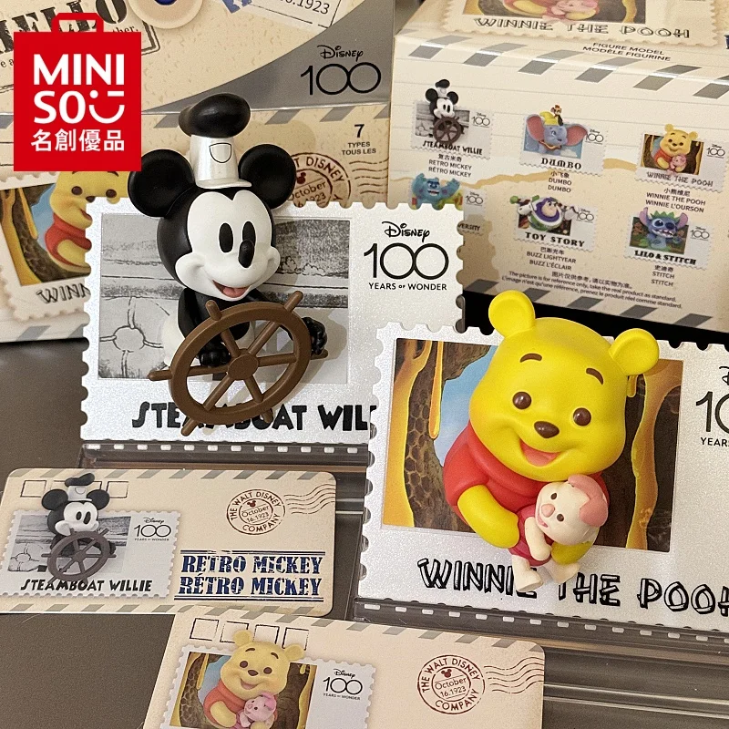 Originale Miniso Disney 100Th Anniversary Retro Stamp Blind Box Mickey Mouse Stitch The Pooh Frigorifero Stickerl Statue Gifts