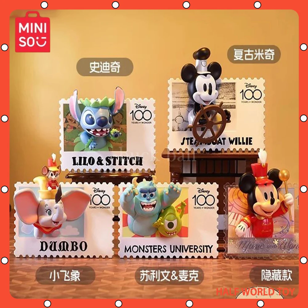 Originale Miniso Blind Box Disney 100Th Anniversary Retro Stamp Mickey Mouse Stitch The Pooh Frigorifero Stickerl Statue Gifts