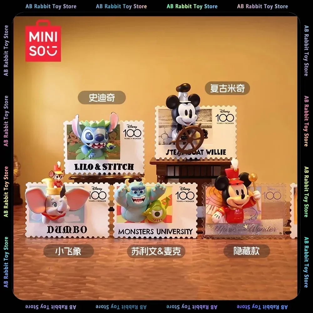 Miniso Original Disney 100Th Anniversary Retro Stamp Blind Box Mickey Mouse Stitch The Pooh Frigorifero Stickerl Statue Gifts